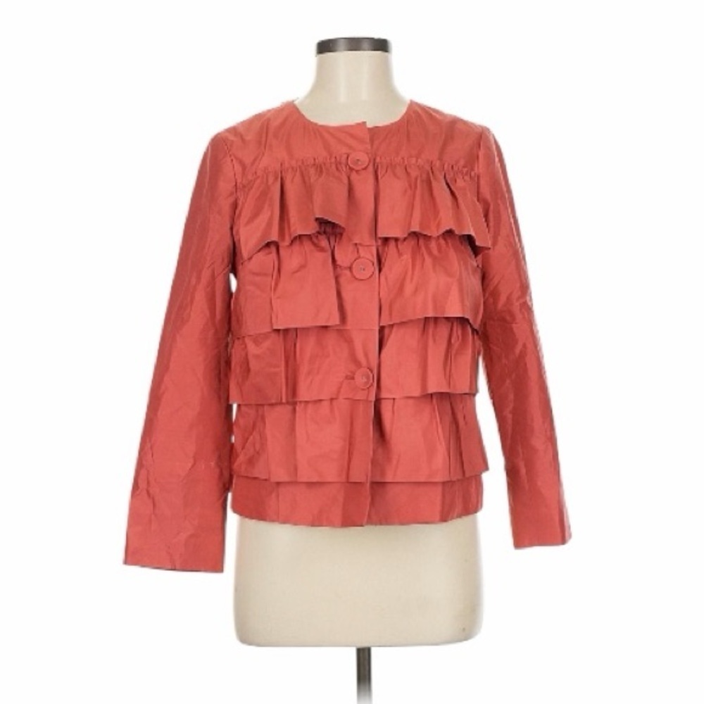 NWT! J. Crew Rust Colored 100% Silk Ruffle Cascade Lightweight Jacket. Size 6.
